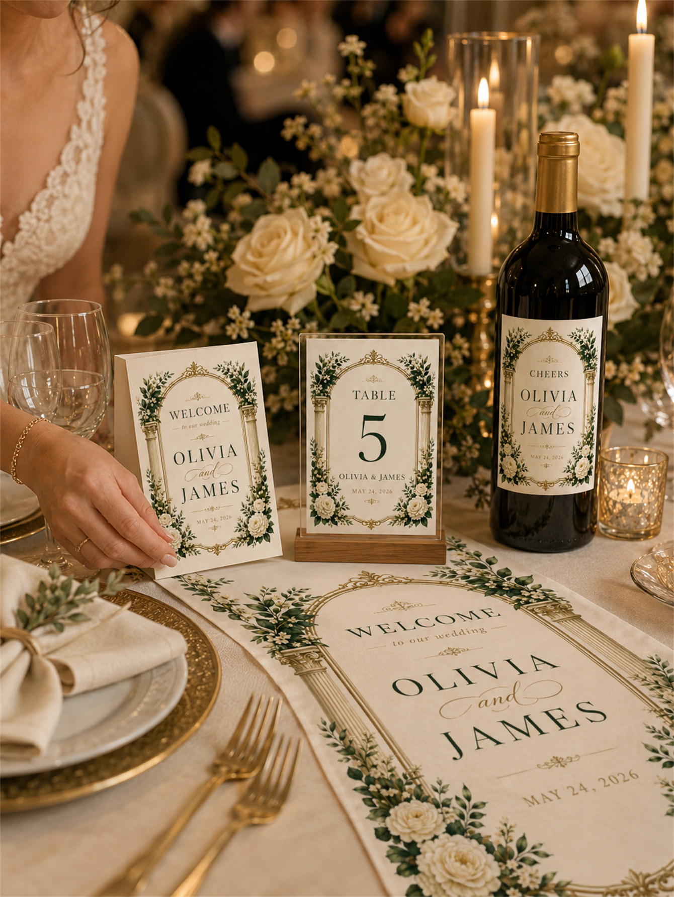 Luxurious ivory and gold wedding decorations - floral arch designs with white roses and classical column elements - custom names and dates